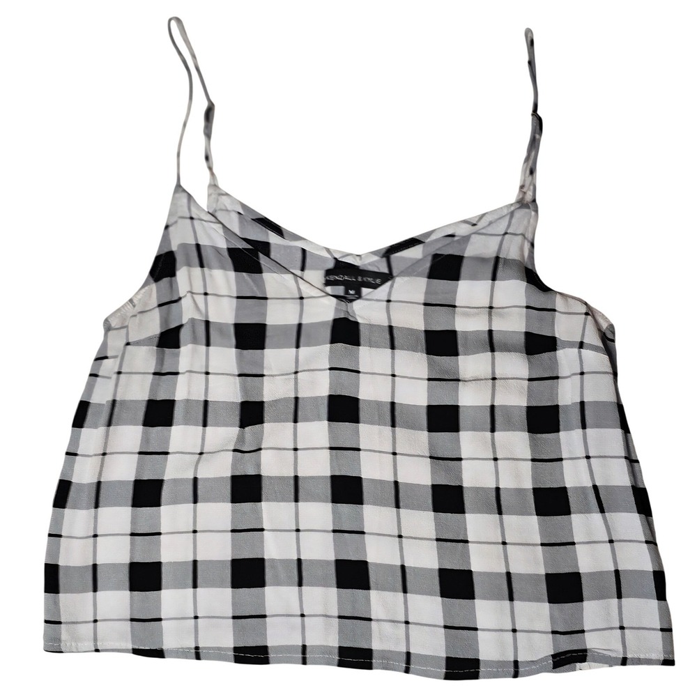 Kendall & Kylie Black White Crop Plaid VNeck Spaghetti Strap Camisole Top Size M